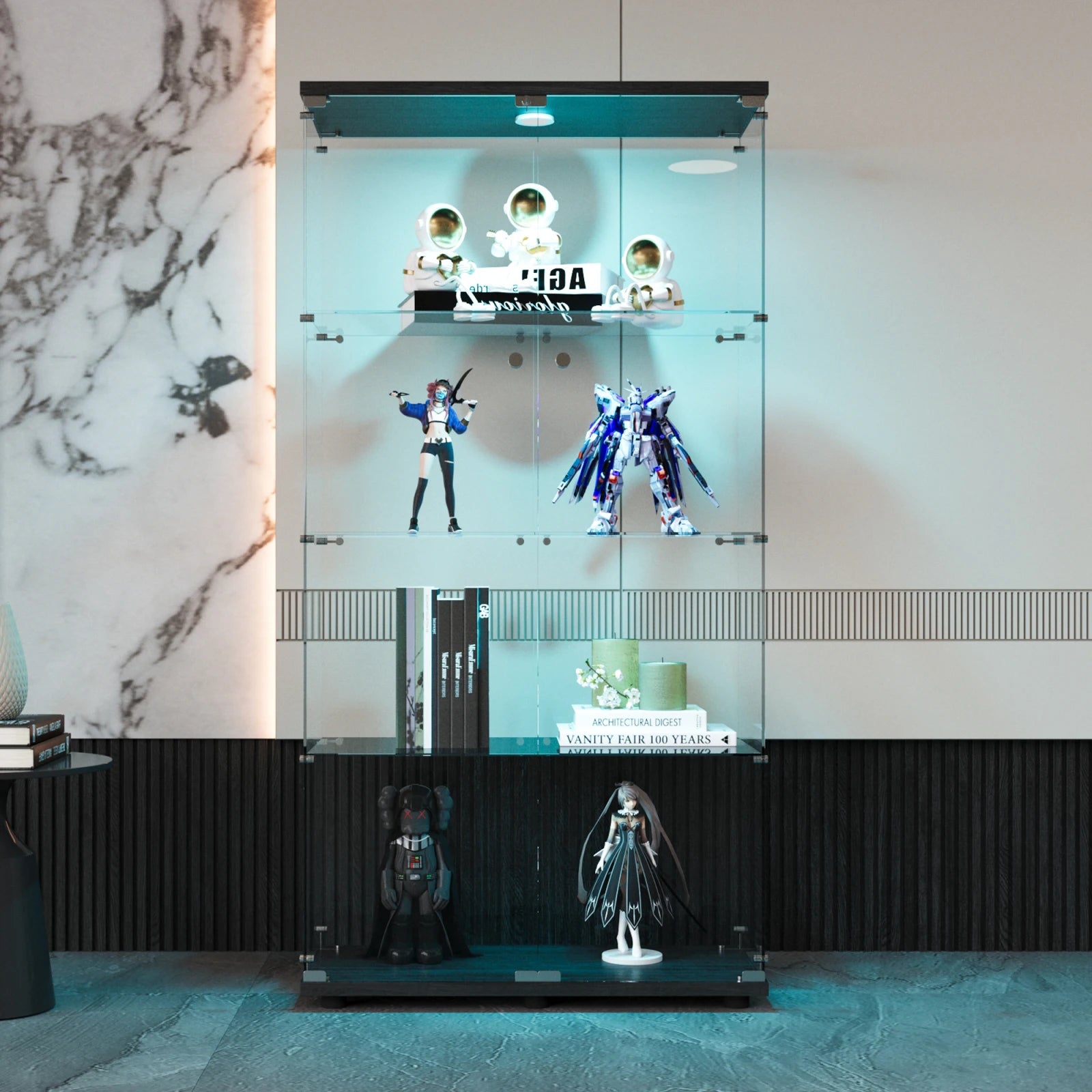 Anajqaqia Glass Display Cabinet with LED Light, with 4 Shelves 2 Doors, 80.49x36.49x163.9cm, Black