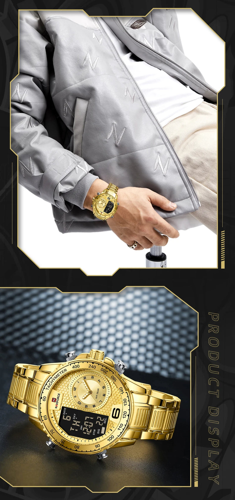 NAVIFORCE Luxury Quartz Watch for Men Honeycomb Dial Design Stainless Steel Wristwatch Dual Display Digital Watches Male Clock