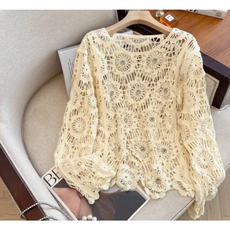 Casual Long Sleeve Elegant cardigan Beading O-neck Chic Vintage Hook Flower Hollow Out Top Plus Size Clothing