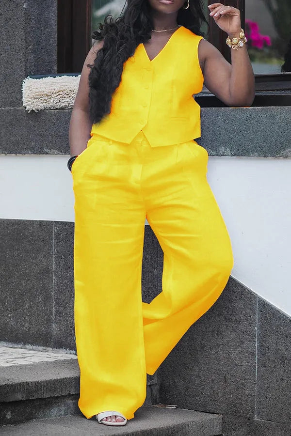 CM.YAYA Street Women's Set Sleeveless Button Fly Vest Shirt and Wide Leg Pants Elegant 2024 Fall Fashion Two 2-Piece Set Outfits