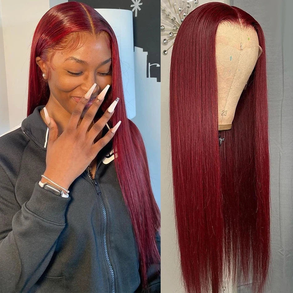 13x6 HD Lace Front Wig Human Hair Wigs 99J Red Burgundy Colored HD Transparent Pre Plucked Lace Frontal Human Hair Wigs Straight