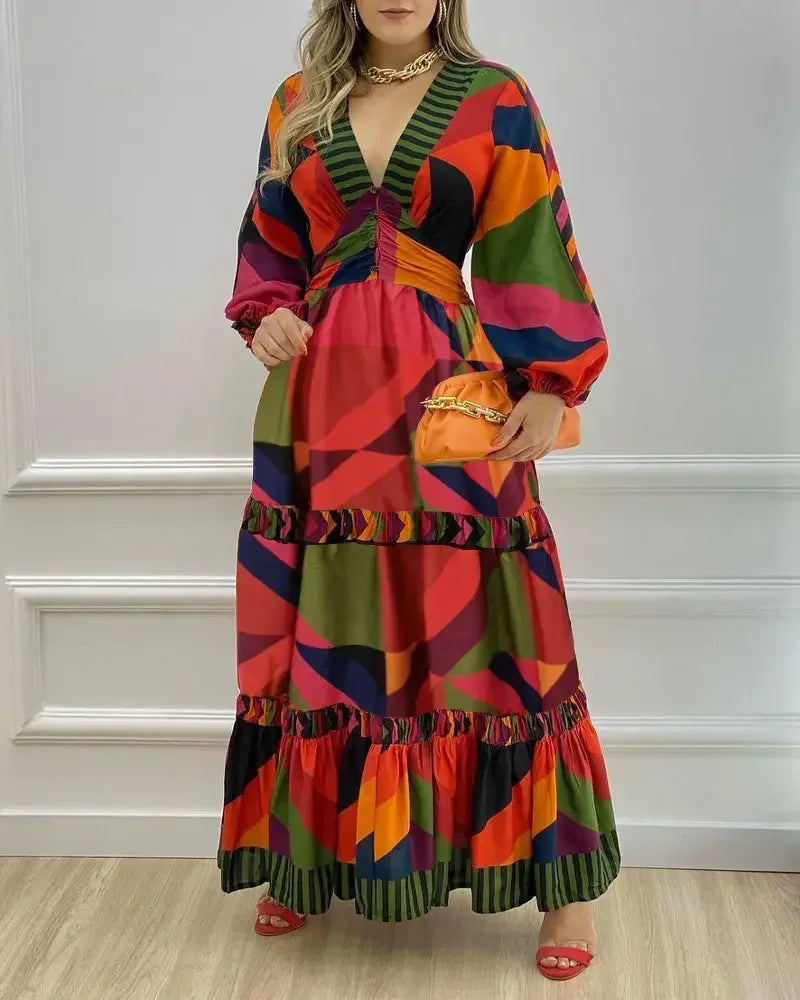 Vestido de estilo urbano para mujer, novedad de verano 2024, informal, con escote en V, estampado geométrico, mangas farol, falda larga con botones