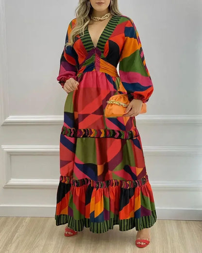 Vestido de estilo urbano para mujer, novedad de verano 2024, informal, con escote en V, estampado geométrico, mangas farol, falda larga con botones