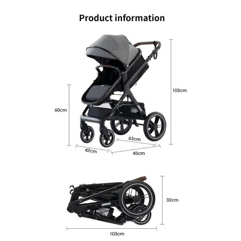Poussette luxueuse 3 en 1 pour nouveau-né, modèle de voyage et pliable, Cadre Aluminium, Landau, Capote Rabattable