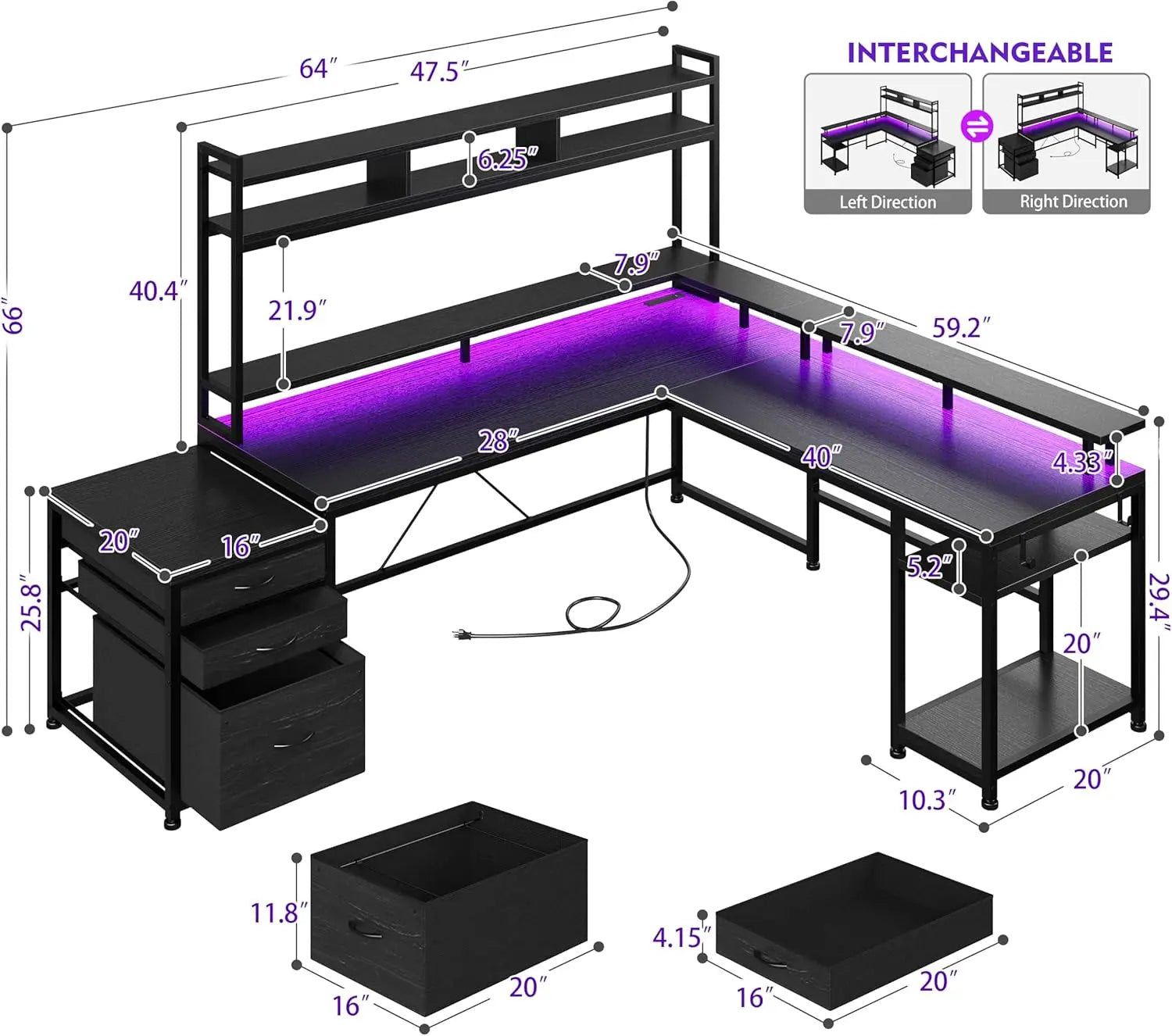 Escritorio para juegos en forma de L EnHomee con cajones, reversible, de 167 cm, para oficina en casa, con luz LED y tomas de corriente, color blanco.