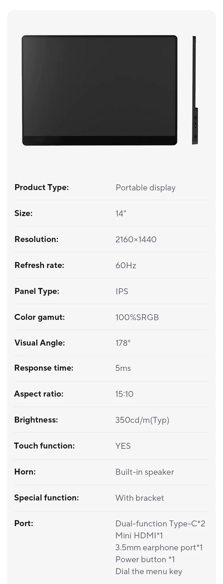 ZSUS 2160*1440  14-inch 2K Portable Monitor 60HZ For Laptop XBox PS4 / 5 Switch TV Box Cell Phone PC Extension  Mobile