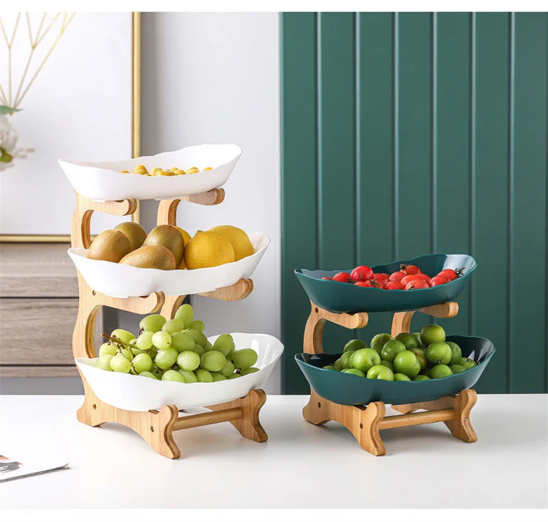 Three Layer Table Plates Dinnerware Wooden Kitchen Fruit Bowl with Floors Partitioned Dish Snack Candy Cake Stand Salad Bowl