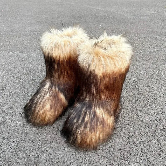 Botas de nieve de mapache para mujer, zapatos de media caña para exteriores, nuevas botas de invierno de una pieza 