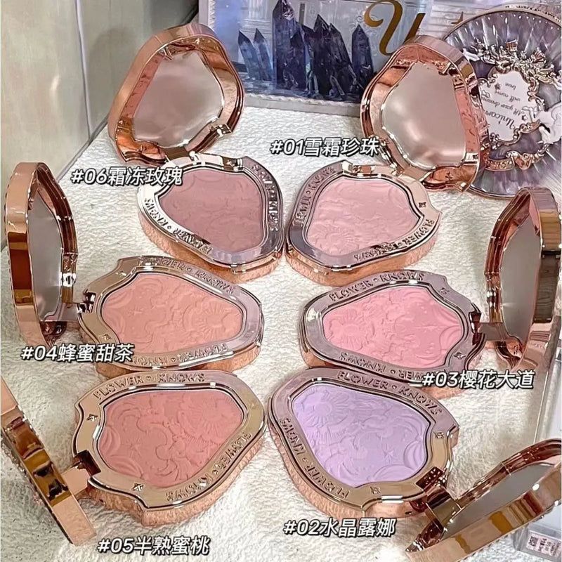 Paleta de rubor con relieve Unicorn de Flower Knows, de larga duración y fácil de aplicar, mate, natural, iluminador, rubor voluminoso, maquillaje.