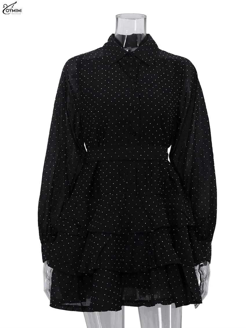 Oymimi Fashion Black Rhinestone Women's Dress Casual Lapel Long Sleeve Button Dresses Elegant New Lace-Up Pleated Mini Dresses
