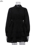 Oymimi Fashion Black Rhinestone Women's Dress Casual Lapel Long Sleeve Button Dresses Elegant New Lace-Up Pleated Mini Dresses