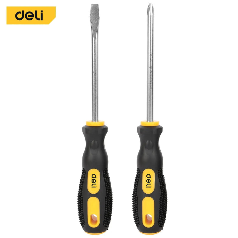 Deli 2pcs Magnetic Screwdriver Flat Head Cross Screwdriver Household Tool Set Handle Multi-Purpose Detachable Screwdriver