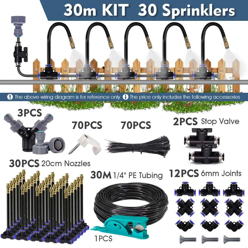 30-5m 1/4" 4/6mm Misting Cooling System 360° Free-bend Adjustable Nozzle Atomizer Sprayer for Outdoor Garden Irrigation Watering