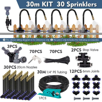 30-5m 1/4" 4/6mm Misting Cooling System 360° Free-bend Adjustable Nozzle Atomizer Sprayer for Outdoor Garden Irrigation Watering