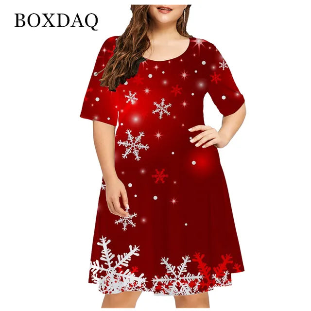 Vestido rojo holgado con estampado navideño para mujer, Navidad, muñeco de nieve, copo de nieve, alce, manga corta, talla grande, divertido, bonito, a la moda, 6XL 