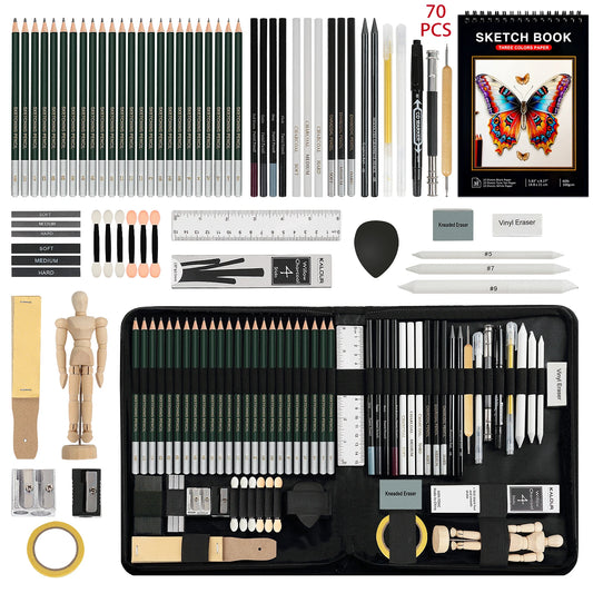 20/54/58/70/144 Piece Drawing and Sketching Kit | Portable Travel Case | Graphite, Charcoal, White Color | Featuring Blending Stump
