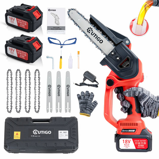 Motosierra de batería OUTIGO, motosierra de 8 pulgadas, mini motosierra inalámbrica de 6000 mAh, 4 cadenas, 3 guías, 2 baterías