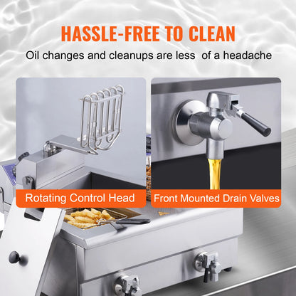 VEVOR Commercial Electric Deep Fryer w/Dual Tanks 12L Countertop Fryer w/Oil Filter and Timed for Fried Chicken French Frie