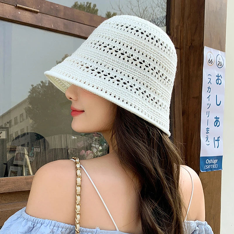 Summer Bucket Hat Fisherman Hat Women Hollow Out Sun Hat Outdoor Casual Versatile Panama Hats Crochet Foldable Caps Beach Cap