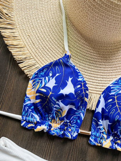 Leaves Printed Halter High Leg Cut Bikini Women Swimwear Female Swimsuit Two-pieces Bikini set Bather Bathing Suit Swim