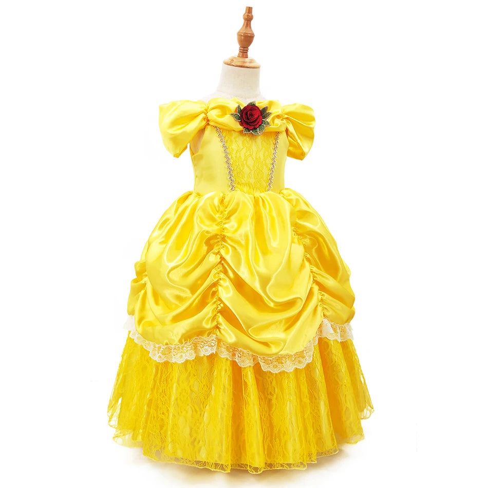 Kids Belle Cosplay Party Princess Dress Beauty Beast Princess Clothes Halloween Event Festival Party Flowers Print Costume