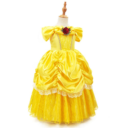 Kids Belle Cosplay Party Princess Dress Beauty Beast Princess Clothes  Halloween Event Festival Party Flowers Print Costume