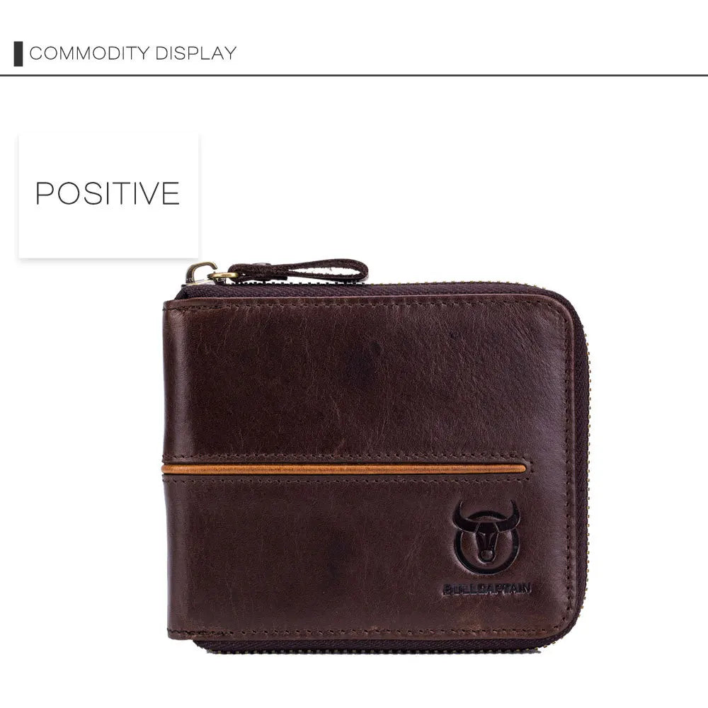 Bullcaptain Genuine Leather Men Short Wallet Casual Men's Coin Purse Vintage Male Zipper Card Holder Luxury Money Bags JYB022