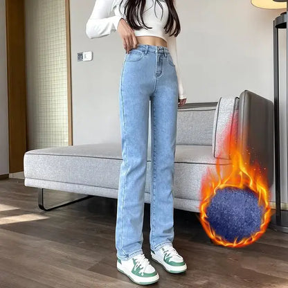 GUUZYUVIZ 2023 Inverno Straight Fleece Jeans Mulheres Quente Grosso Solto Cintura Alta Veludo Denim Calças