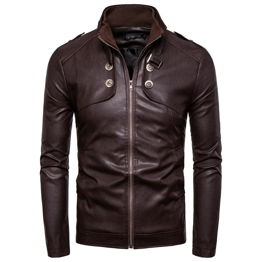 Autumn New Men's Casual Fashion Standing Neck Slim Fit PU Leather Jacket Solid Leather Jacket Men's Windproof Motorcycle