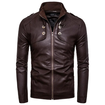 Autumn New Men's Casual Fashion Standing Neck Slim Fit PU Leather Jacket Solid Leather Jacket Men's Windproof Motorcycle