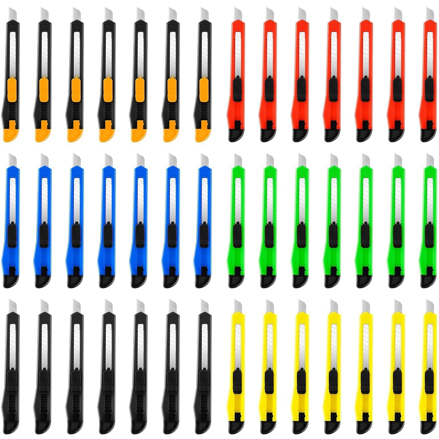 Cúter retráctil (paquete de 42, 30, 18 y 10 unidades), cuchilla multiusos de 9 mm con cuchilla desprendible y diseño de autobloqueo.