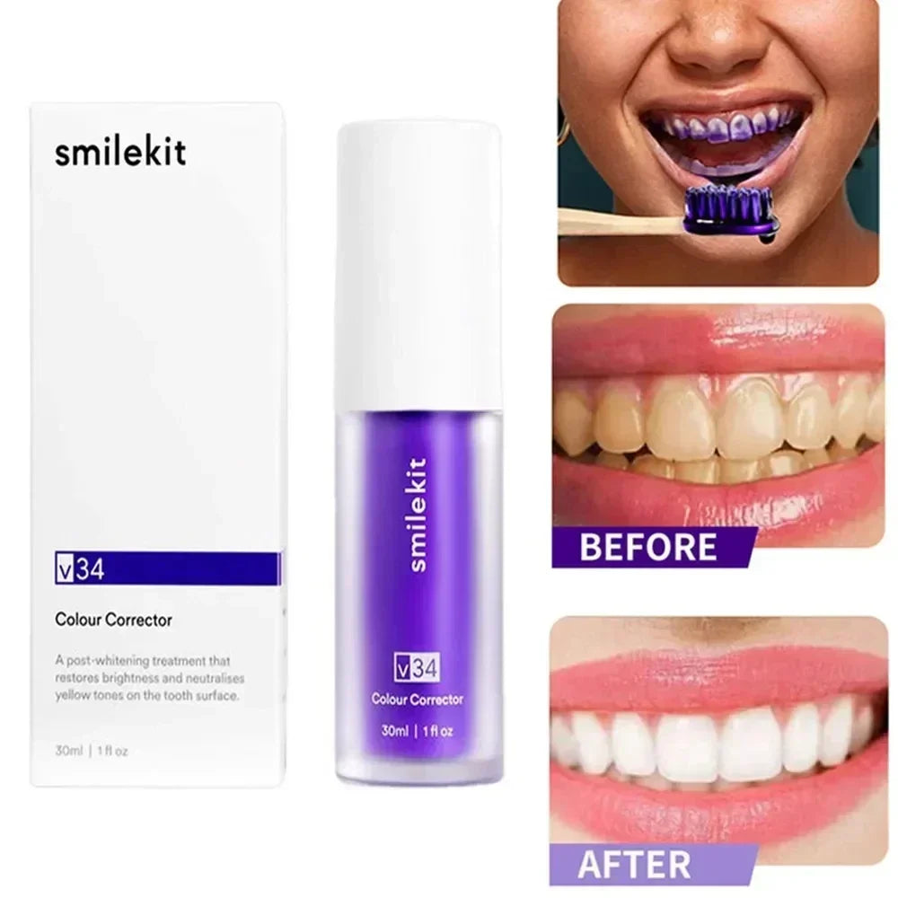 Pasta dental blanqueadora morada V34 de 30 ml. Elimina manchas, reduce el amarilleo y cuida tus dientes, encías, aliento fresco y blanquea los dientes.
