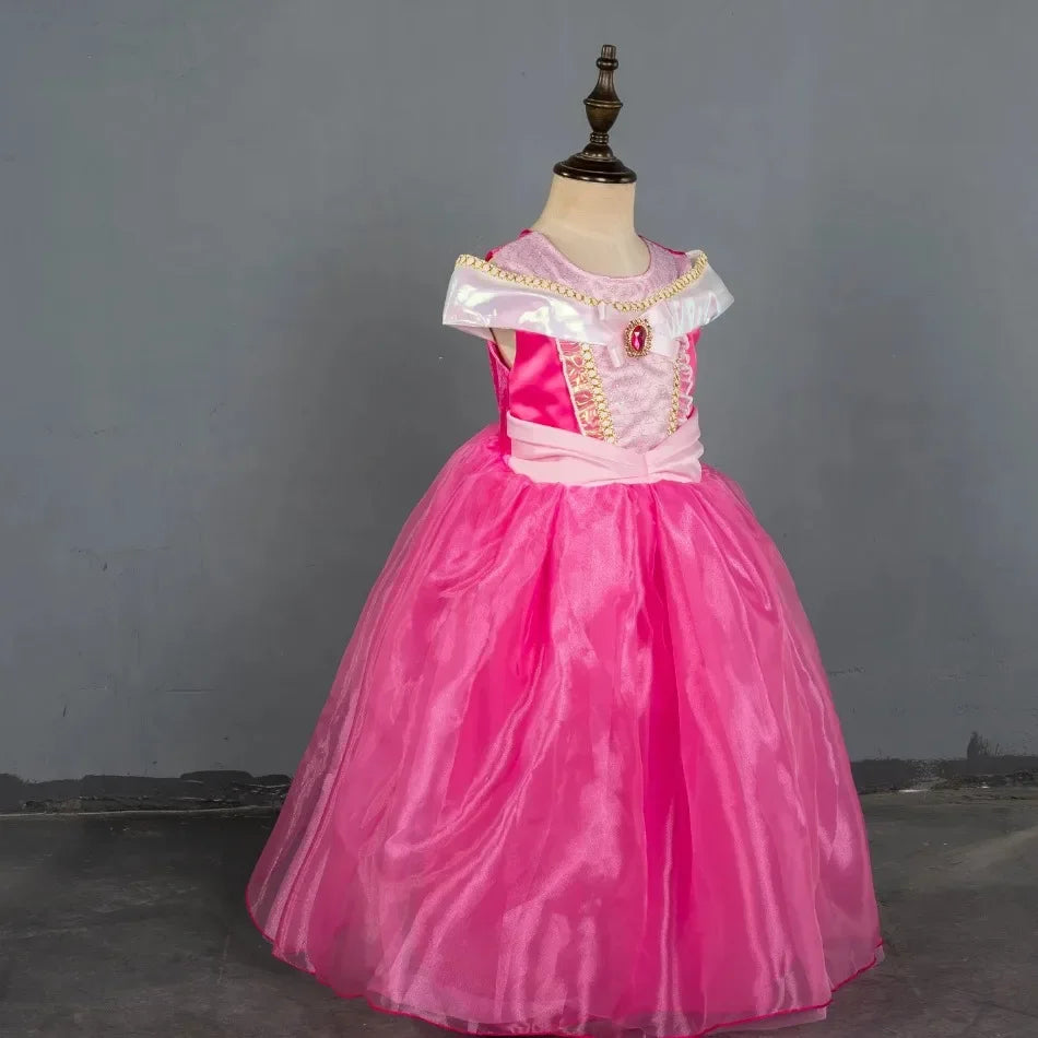 Girl Pink Dress Aurora Cosplay Costume Princess Deluxe Outfit Children Summer Brthday Party Elegant Gown Fairy Disguise Sets