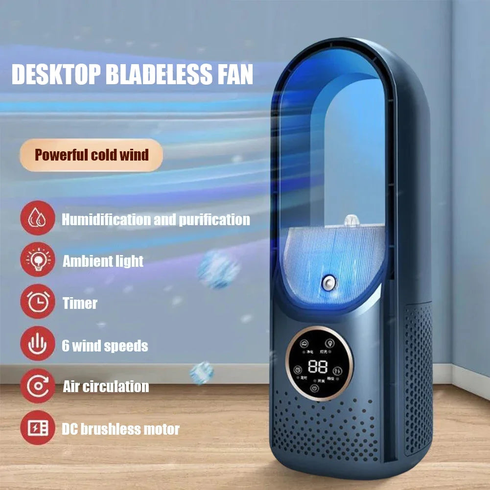 Portable USB Air Cooler Leafless Electric Desktop Fan 6 Speed Silent Timer Air Conditioner Cooling Humidifier Conditioning Fan