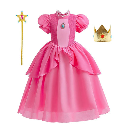 Peach Cosplay Costume for Girls Fancy Princess Cosplay Pink Dress Carnival Birthday Party Kids Movies Ball Gowns Clothes