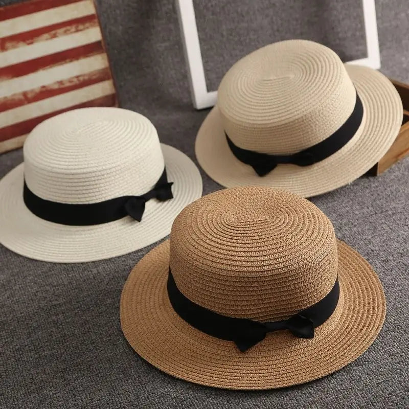 COKPanama Simple Summer Beach Sun Protection Bowknot French-Style Small Hat, Women's Casual Flat-Brimmed Straw Hat with Bow