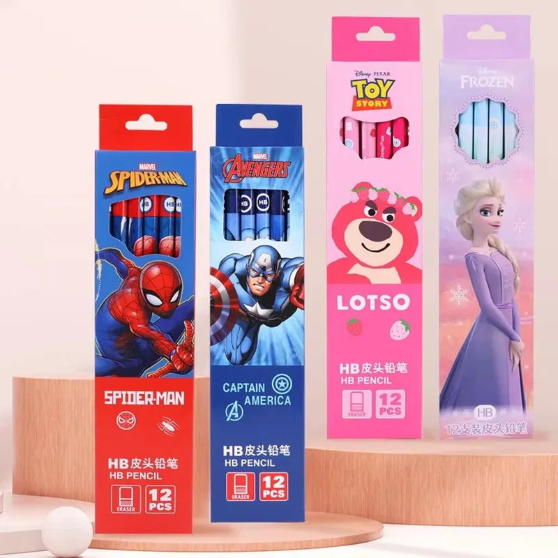 12pcs Disney Spiderman Hb Pencil With Eraser Lotso Elsa Student Stationery Write Draw Pencil Kids School Supplies Wholesale