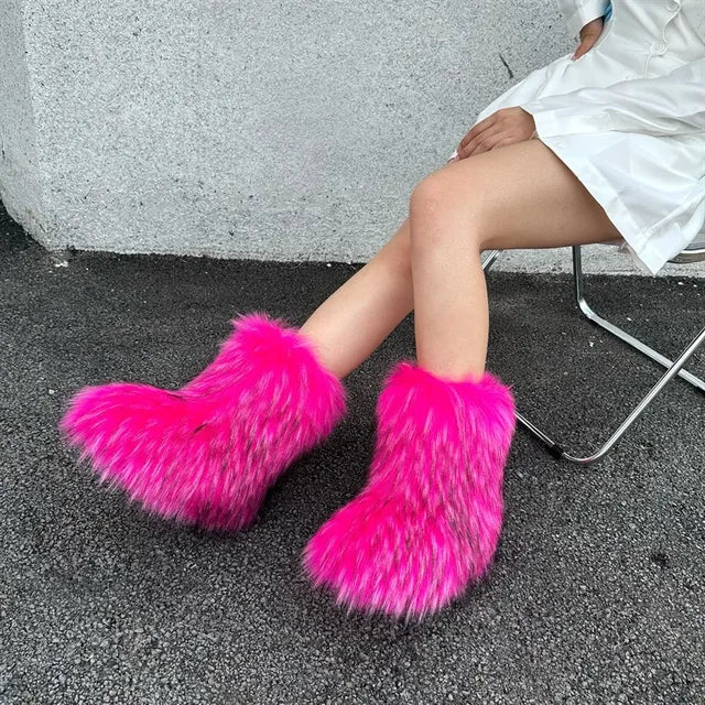Botas de nieve de mapache para mujer, zapatos de media caña para exteriores, nuevas botas de invierno de una pieza 