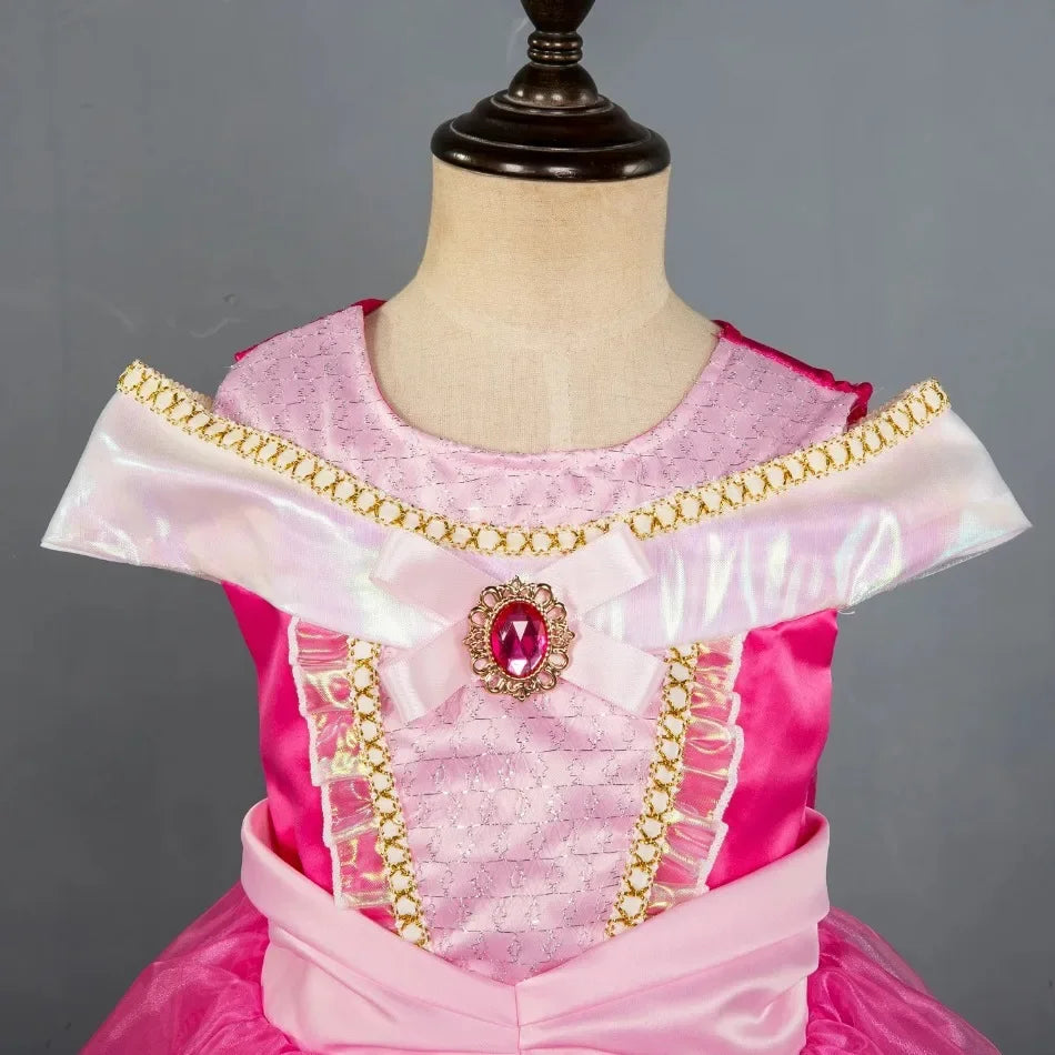 Girl Pink Dress Aurora Cosplay Costume Princess Deluxe Outfit Children Summer Brthday Party Elegant Gown Fairy Disguise Sets