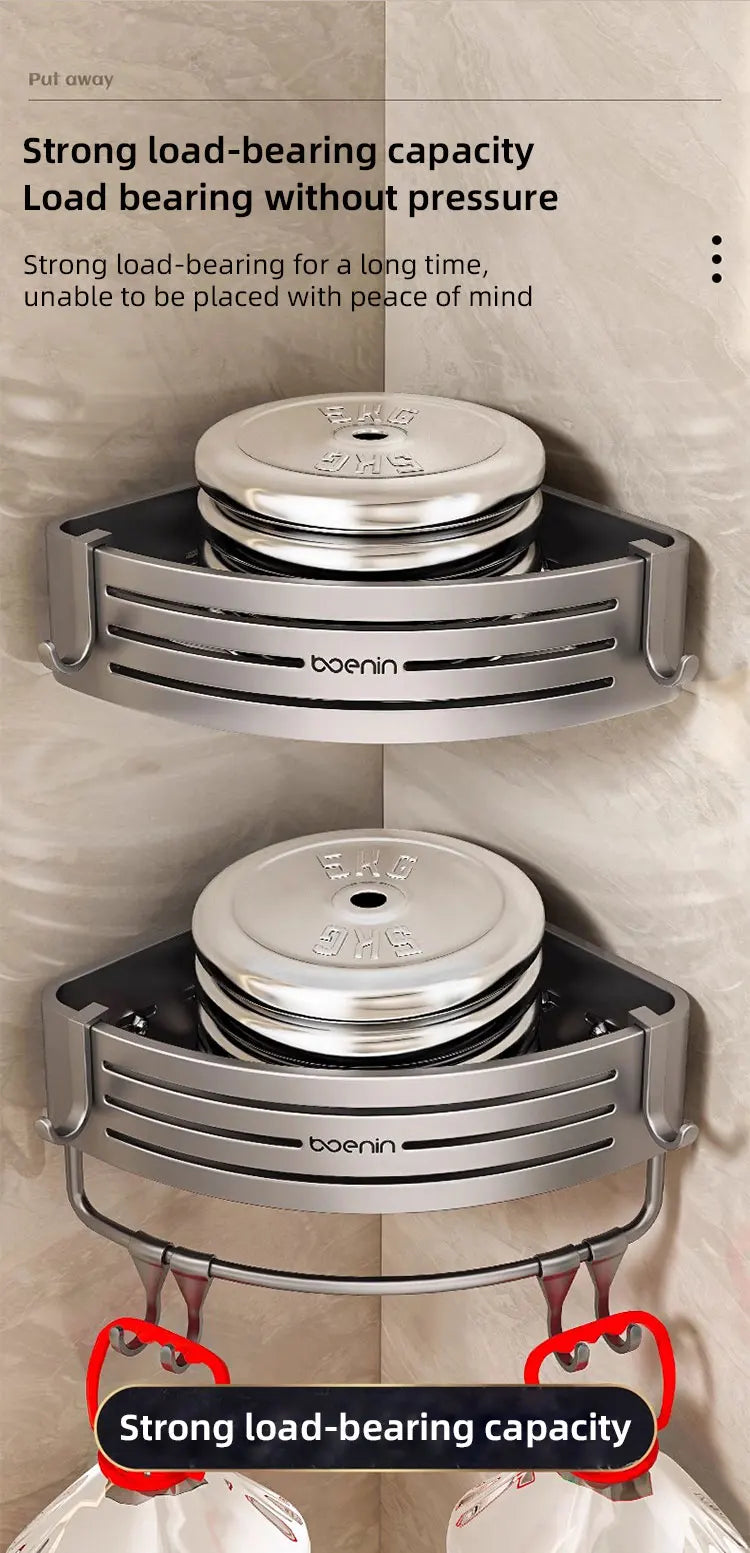 No Drill Bathroom Corner Shelf Wall Mounted Shower Corner Shelves with Hook Towel Bar Space Aluminum Bathroom Organizer Rack