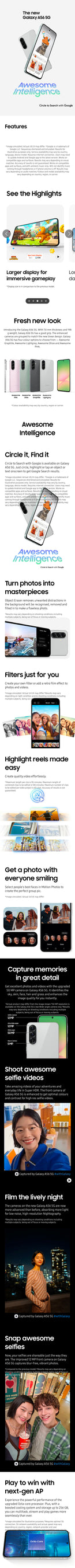 Samsung Galaxy A56 5G Middle East Version Exynos 1580, 6.7" Super AMOLED Display, 120Hz, 50MP Camera, 5000mA, NFC, IP67, No Char