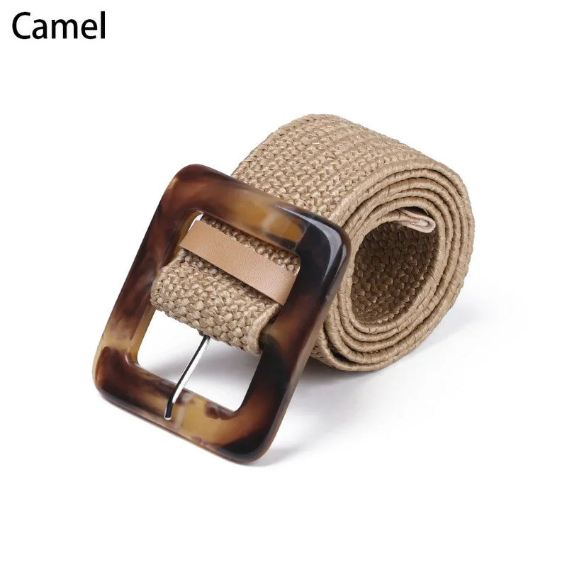 1PC Women Fashion Casual Straw Belt Round Wooden Buckle Elastic Waist Chain Belly Necklace Body Jewelry Dress Shirt Accessories