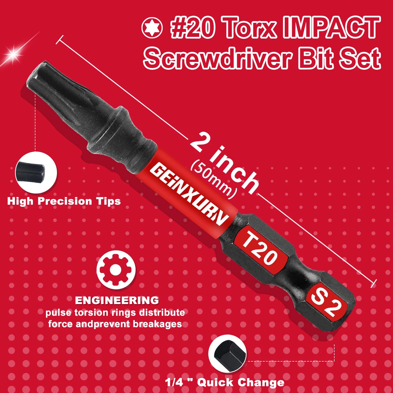 Juego de puntas de destornillador Torx magnético de impacto Geinxurn de 2 pulgadas, n.° 20, de acero de aleación S2, juego de puntas de potencia T20 con base