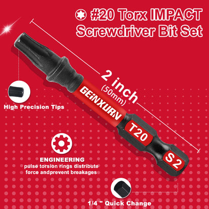 Juego de puntas de destornillador Torx magnético de impacto Geinxurn de 2 pulgadas, n.° 20, de acero de aleación S2, juego de puntas de potencia T20 con base