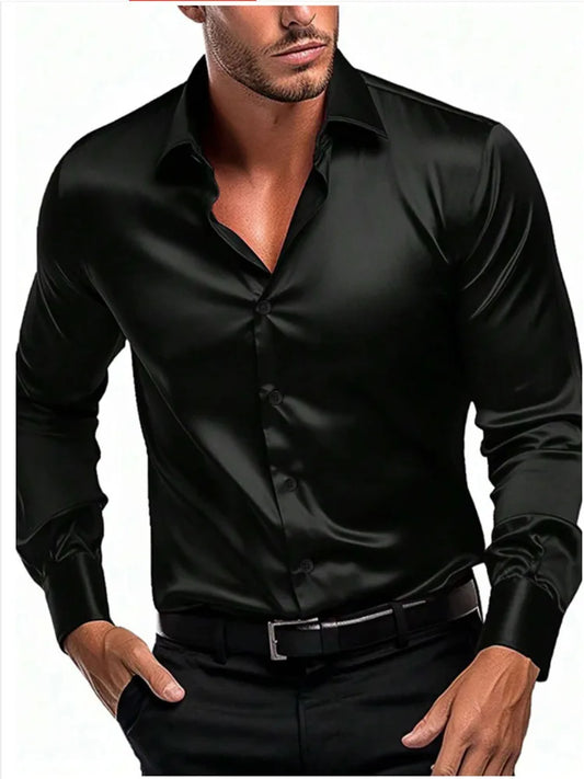 Camisa de manga larga para hombre, nueva, de primavera y otoño, suave y sedosa, de negocios, ajustada, a la moda, cómoda, con solapa, informal, para exteriores