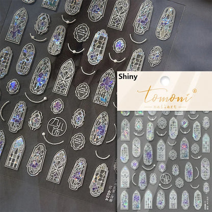 Flash Dreamy Chinese Flower Window Butterfly Glazed Rococo Geometric Frame Stamp Embossed Relief Nail Art Sticker Manicure Decal