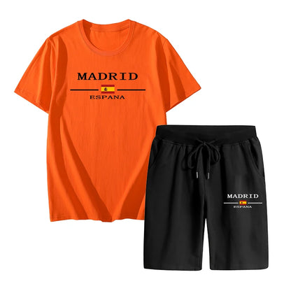 Madrid Spain Pattern T-shirts 2pcs Set High Quality Pure Cotton Tops and Quick Dry Shorts Mens Casual Sports Football Suits