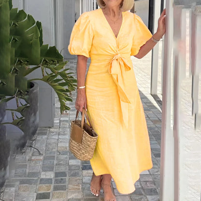 Plus size feminino sólido elegante com decote em v rendas puff manga maxi vestido verão casual praia vestido de verão para senhoras xl 2xl 3xl 4xl 5xl
