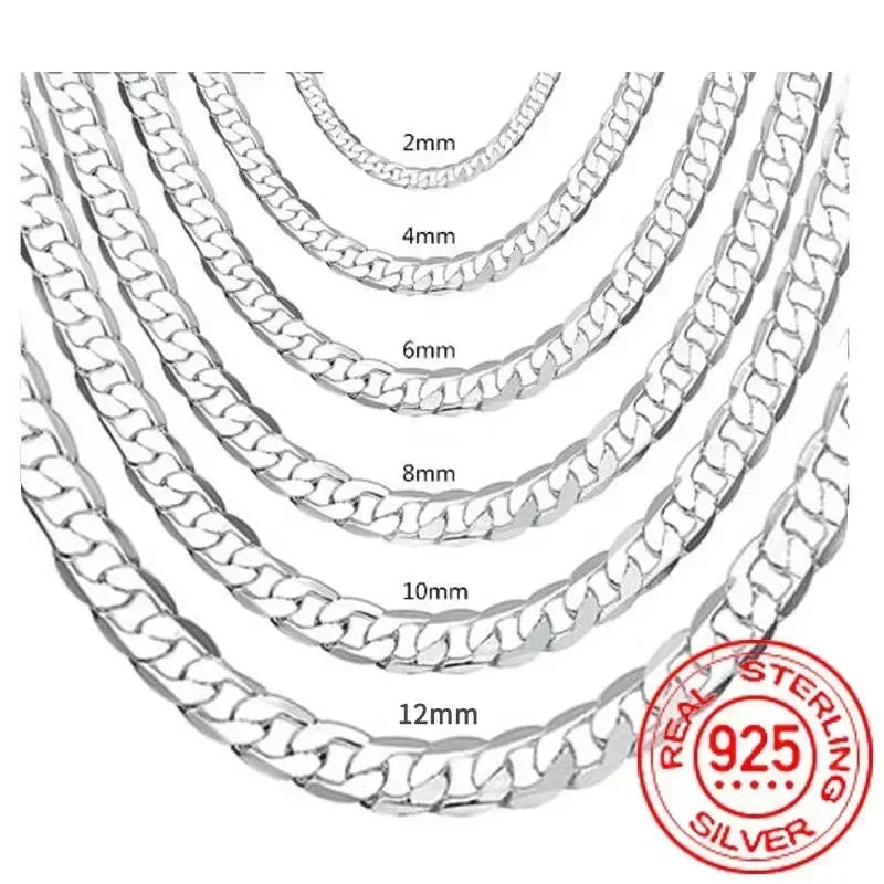 Collar de plata de ley 925 para hombre, venta al por mayor, 2/4/6/8/10/12 mm, cadena de 40-75 cm, cierre de langosta, joyería de compromiso para hombre, niño y mujer.