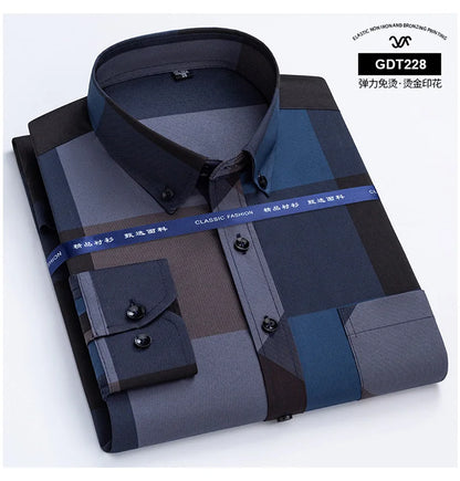 Latest Men's Dress Shirts Spring Autumn Non-iron Anti-wrinkle Business Casual Print Thin Plaid Soft Slim Fit Chemise Homme